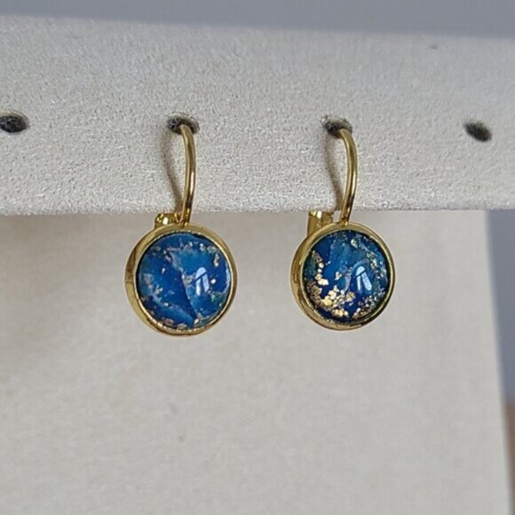 Elegant Hand Crafted Boho Blue Gold Gemstone Marble Circle Drop Dangle Earrings - Picture 3 of 14